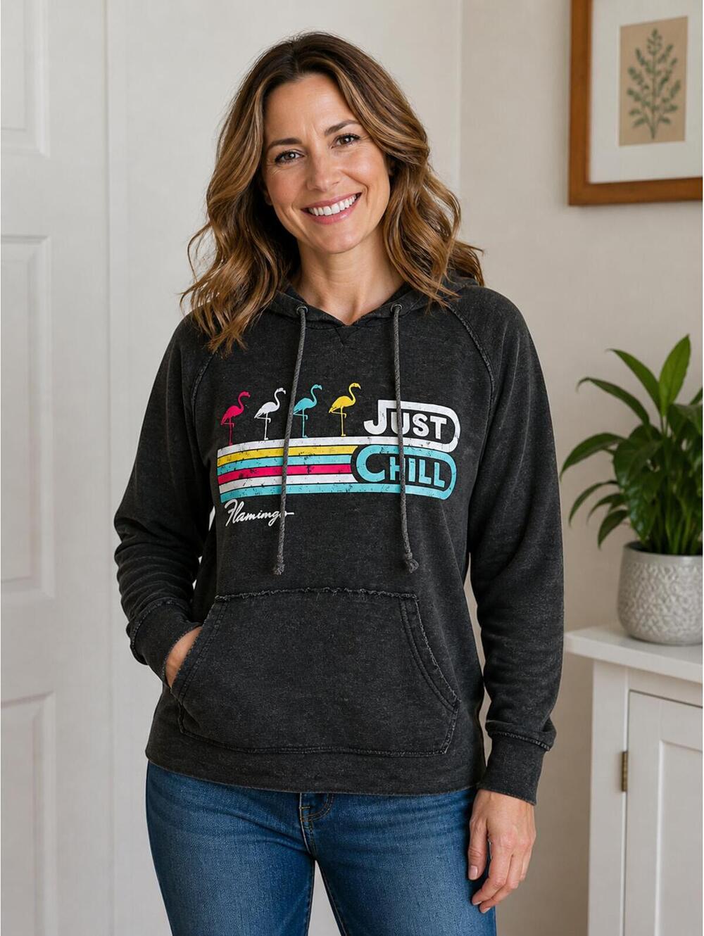 Flamingo "Just Chill " Graphic Hoodie Gray Pullover Sweatshirt - Size M